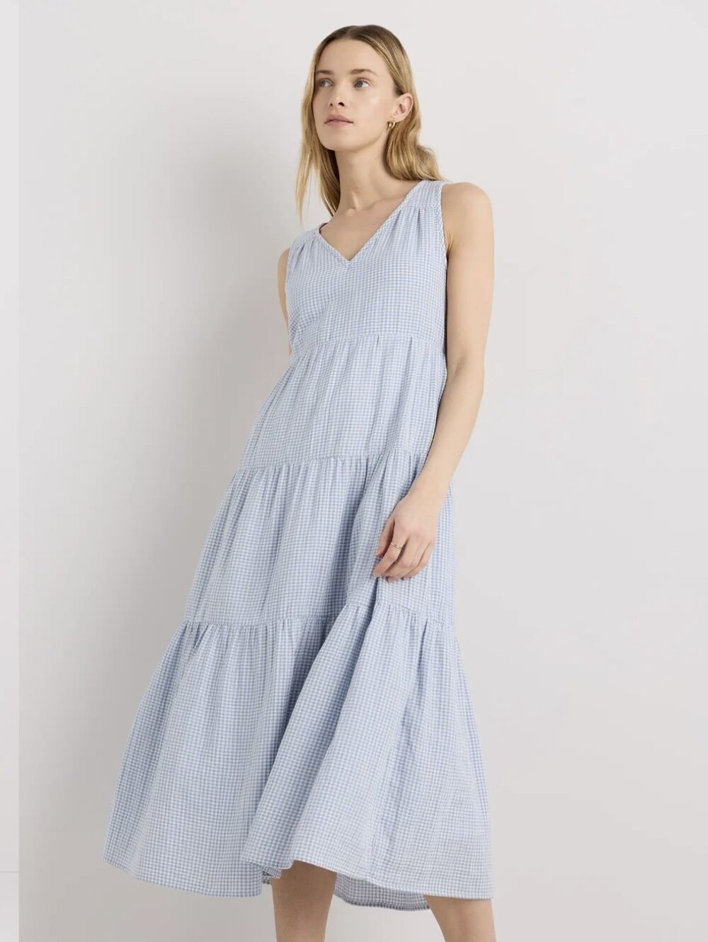 Quince Organic Cotton Gauze Tiered Maxi Dress in Bayside Stripe Size M